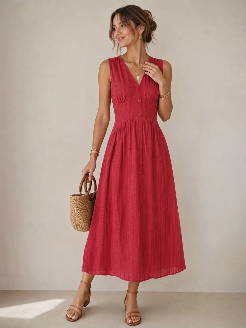 Rihoas Red V Neck Sleeveless Cotton Button Midi Dress